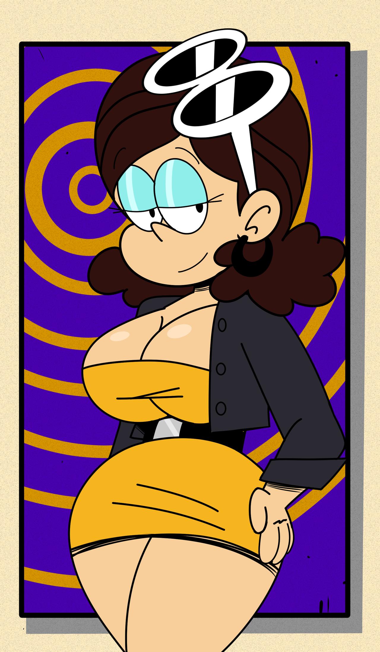 1girls, big breasts, blue eyeshadow, breasts, brown hair, cleavage, dress, eyeshadow, female, female focus, female only, half-closed eyes, hand on hip, huge breasts, large breasts, smile, smug, solo, solo female, solo focus, sonson-sensei, straight hair, sunglasses, sunglasses on head, the loud house, thicc qt, thick, thick thighs, thighs, wide hips