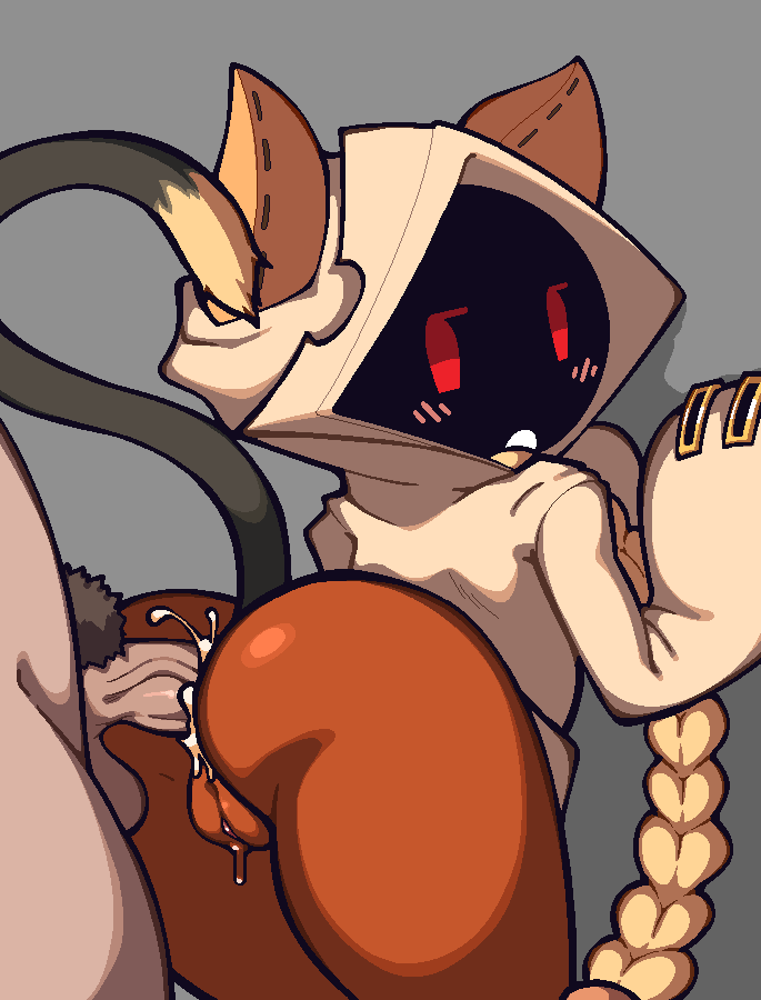 1boy, 1girls, against wall, anal, anal sex, arc system works, ass, average-hanzo, blazblue, blonde hair, bottomless, cat ears, cat tail, cum, cum in ass, cum inside, female, looking back, male, tail, taokaka, twintails, unseen male face