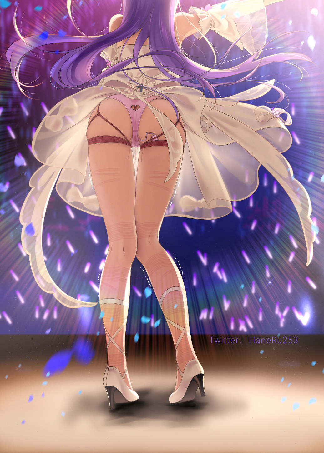 arm_up ass azur_lane bare_legs blurry blurry_background clothed_masturbation clothing concert depth_of_field detached_sleeves dress female from_behind full_body glowstick haneru high_heels highres long_hair long_sleeves masturbation motion_lines panties pink_panties public_masturbation purple_hair pussy_juice rope_marks see-through sex_toy shibari_marks solo_focus standing trembling twitter_username underwear unicorn_(azur_lane) very_long_hair vibrator white_dress white_footwear