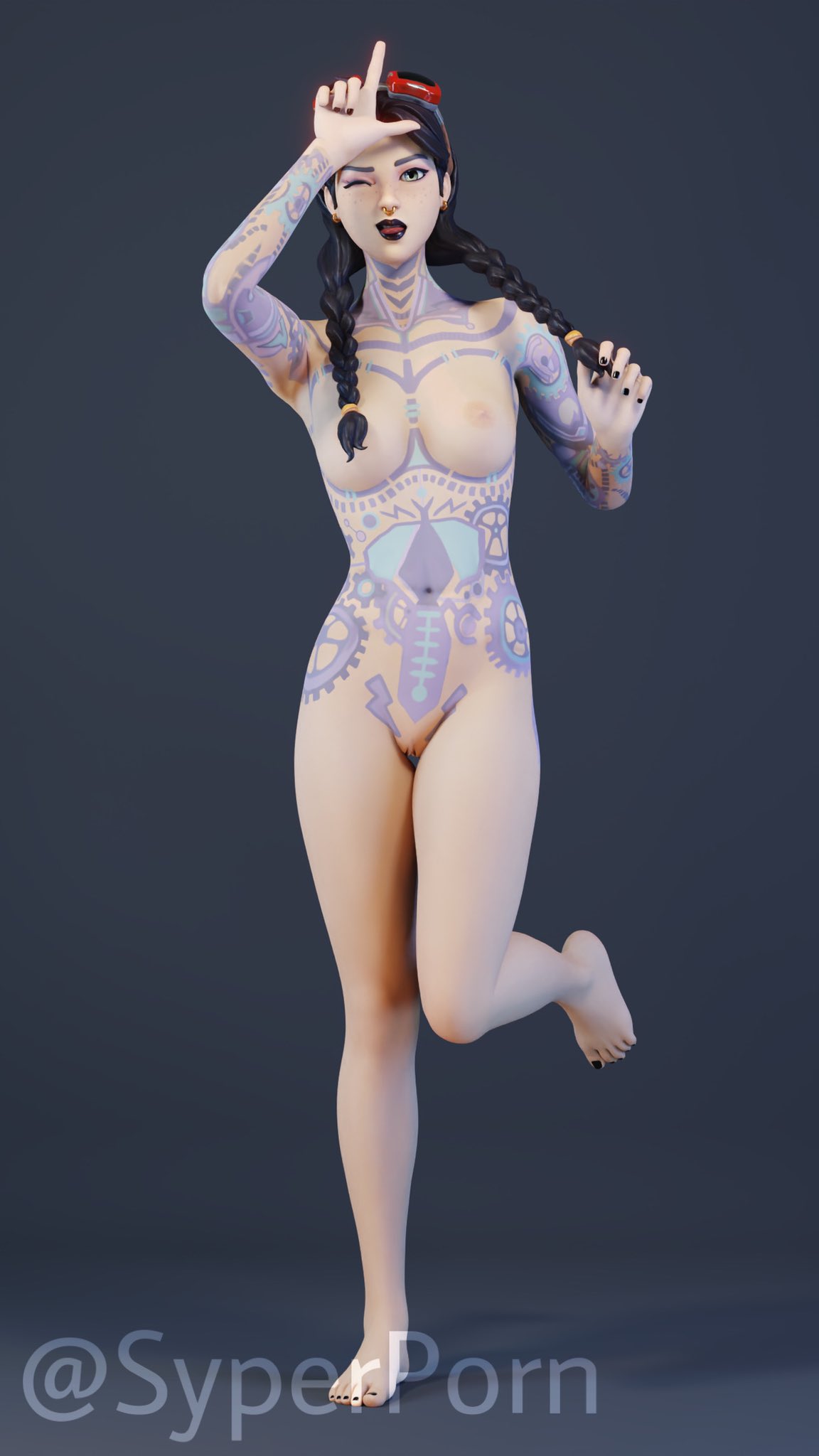 1girls, 3d, 3d (artwork), black hair, black nails, blender, braid, braided hair, female, female only, fingernails, fortnite, freckles, goggles, human, jules (fortnite), long hair, nail polish, nose piercing, piercing, pose, posing, pussy, septum piercing, septum ring, solo, syperporn, tagme, tattoo, tattoos, tattoos everywhere, toenail polish, toenails, tongue, tongue out, twin braids, vagina, watermark, wide hips