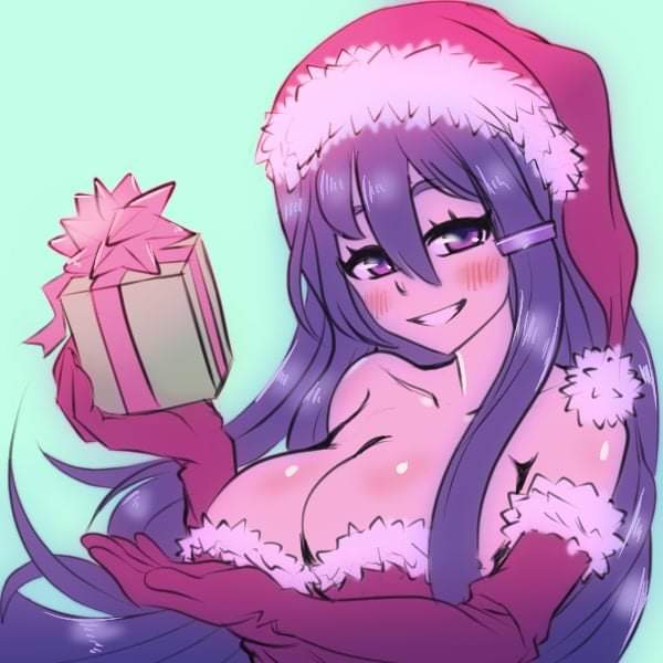 big breasts, blue background, blush, breasts, christmas, doki doki literature club, elbow gloves, female, gift box, gloves, gnarlybramble, long hair, pov, present, purple eyes, purple hair, santa costume, santa hat, smirk, source request, yuri (doki doki literature club)