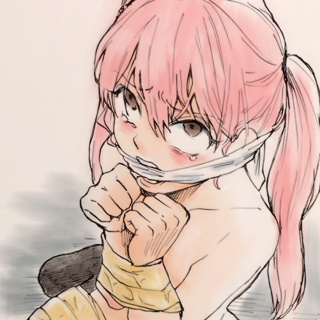 1girls, artist request, brown eyes, captured, character request, crying, cute, eye contact, female, female only, fringe, gag, gagged, imminent oral, imminent rape, imminent sex, innocent, kneeling, original, pink eyes, pink hair, restrained, ryona, scared, skinny, solo, tape, teenager, tied up, twintails