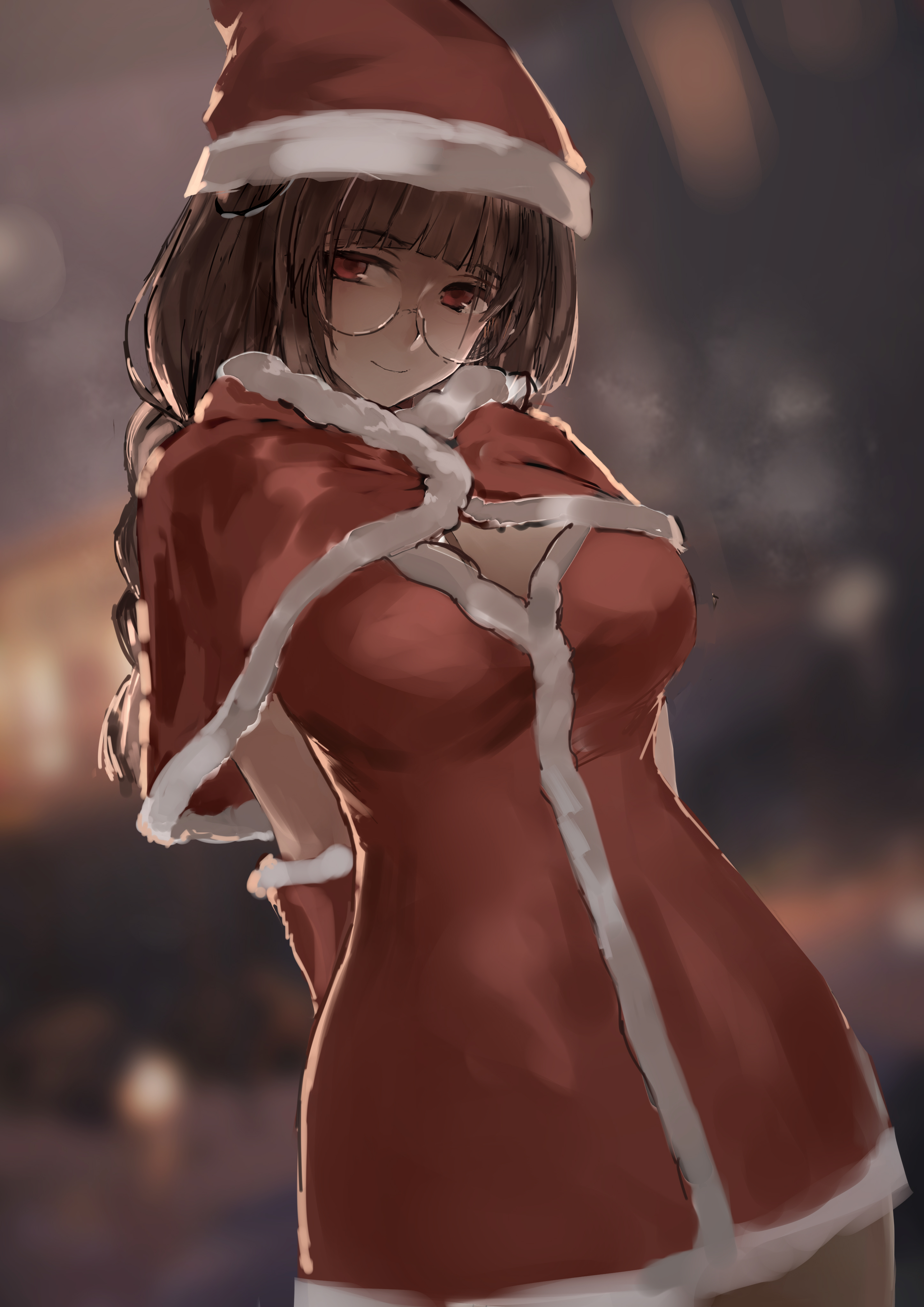 1girls, animal ears, arms behind back, bangs, big breasts, big tits, blush, blushing, braid, braided hair, breasts, brown hair, busty, christmas, christmas clothing, christmas hat, christmas headwear, christmas outfit, cleavage, closed mouth, dog ears, dress, exposed thighs, fake animal ears, female, female human, glasses, gloves, hair, hat, hi res, highres, huge breasts, human, long hair, looking at viewer, original, plump, polki, red eyes, scarf, smile, solo, solo female, standing, thick thighs, twin braids, wide hips