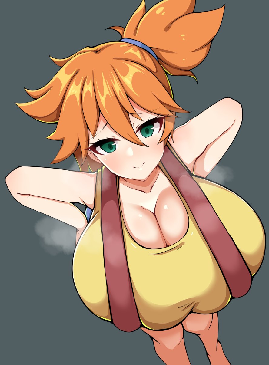 1girls, alternate breast size, big breasts, blush, breasts, breasts bigger than head, clothed, detritus, duvet208, female, female only, gigantic breasts, green eyes, huge breasts, kasumi (pokemon), large breasts, misty (pokemon), nintendo, orange hair, pokemon, pokemon rgby, red hair, smile, solo, solo female, steam, suspenders, top heavy, upper body