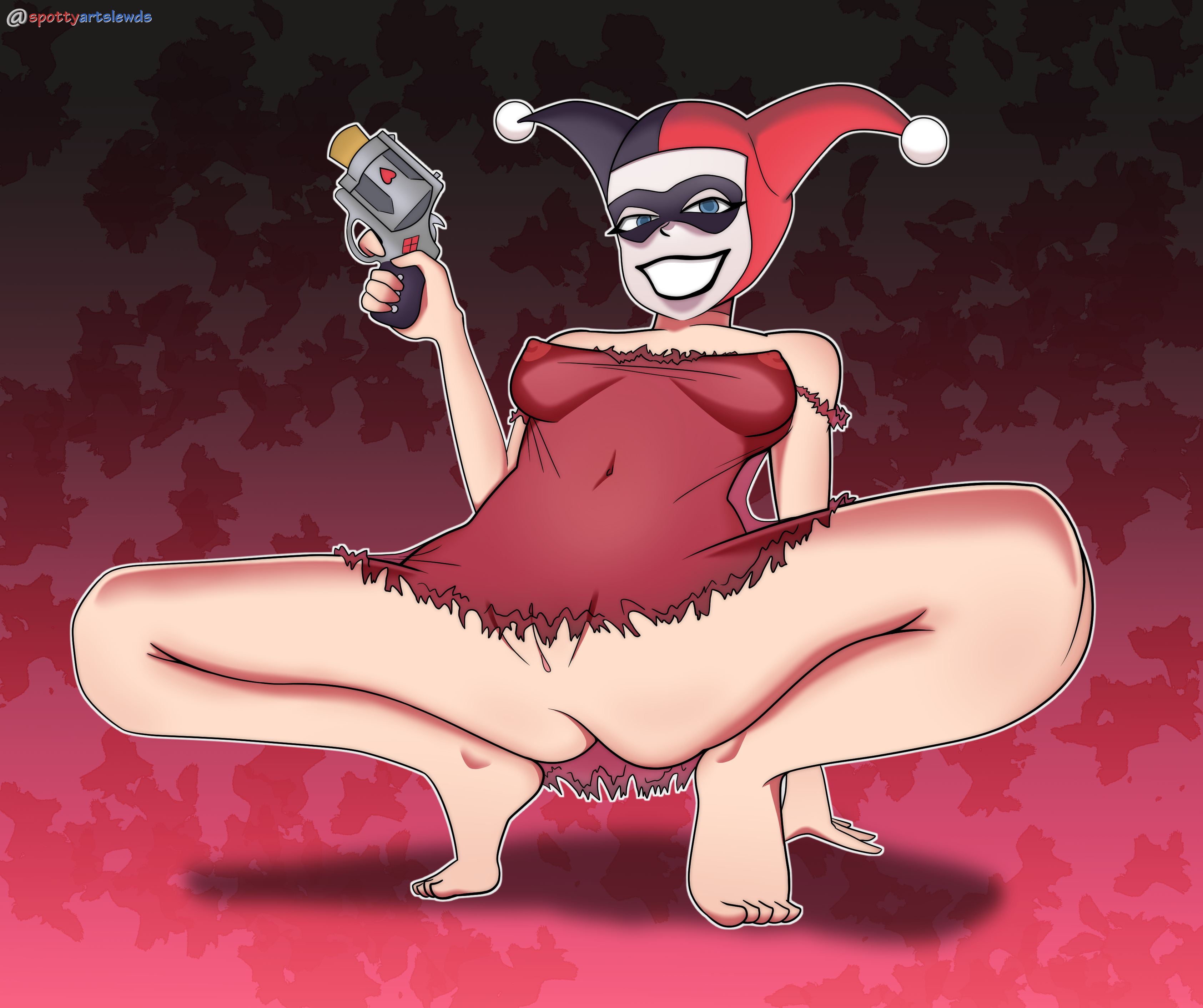 1girls, batman (series), batman: the animated series, crouching, dc, dc comics, dcau, dress, dress lift, facepaint, female, functionally nude, gun, harley quinn, harley quinn (classic), headwear, hi res, lipstick, minidress, night gown, nightie, red dress, revolver, smile, solo, spottyartslewd, transparent clothing, uncensored