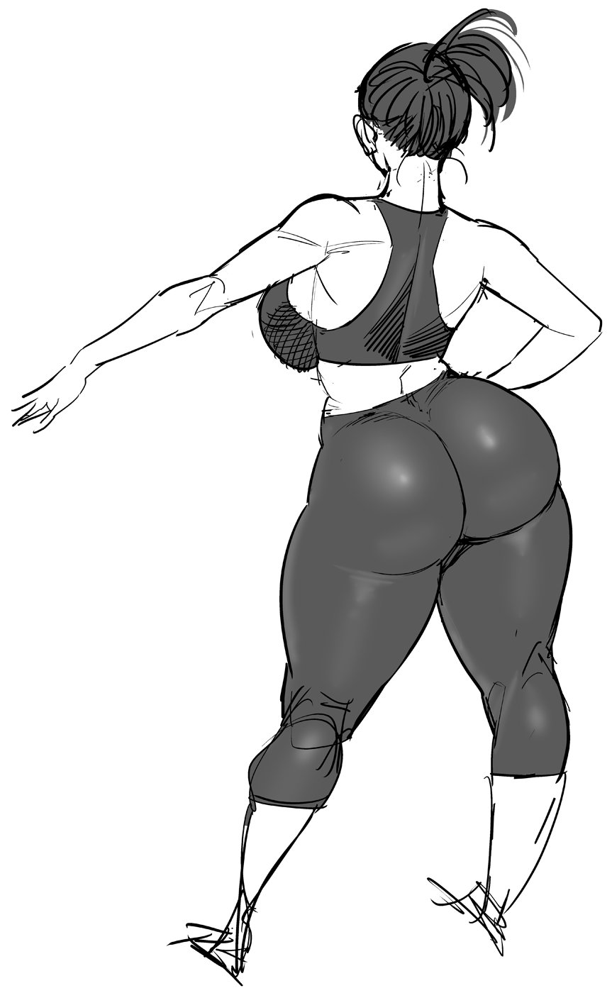 ass, backboob, black hair, breasts, curvy, female, from behind, huge ass, human, large breasts, monochrome, original, original character, short hair, sports uniform, synecdoche, thick thighs