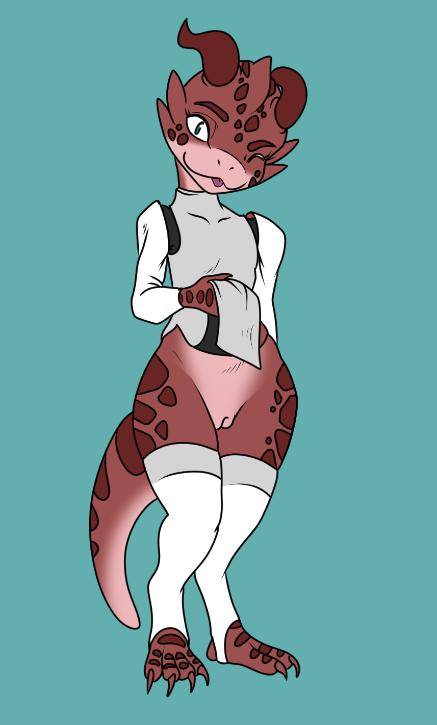 anthro blue_eyes claws clothed clothing digital_media_(artwork) female fingers flashing_pussy genitals hi_res horn kobold legwear looking_at_viewer partially_clothed plantigrade pussy scales scalie simple_background slaiart smile snogo solo thigh_highs toe_claws toes tongue tongue_out