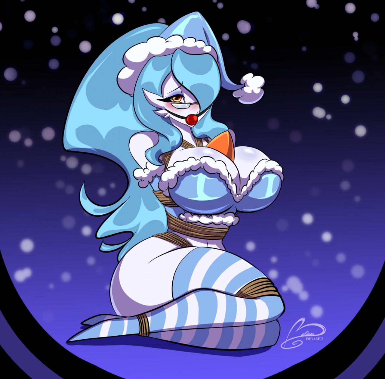 1girls, 2019, anthro, background, belise7, big breasts, blue hair, blush, bondage, breasts, christmas, christmas hat, christmas outfit, commission, dr. voir, female, femsub, gardevoir, legs, legs tied, original character, pokémon (species), pokemon, pokemon (species), pokemon rse, shiny pokemon, solo, stockings, tied up, white skin, wide hips