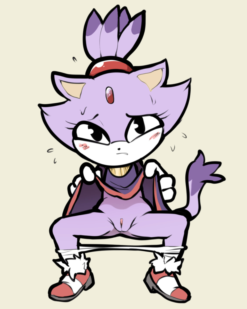 1girls, 2020, 2020s, aged down, anthro, anthro female, anthro only, anthro solo, biped, black eyes, blaze the cat, blush, bodily fluids, cat, cat girl, clitoris, clothed, clothing, clothing lift, cub, digital media (artwork), domestic cat, dress, dress lift, eyebrows, eyelashes, felid, feline, felis, female, female cub, female only, flying sweatdrops, footwear, front view, full-length portrait, fur, furry, furry female, furry only, genitals, gloves, hair, handwear, hi res, itsunknownanon, looking at viewer, mammal, mobian (species), pants down, partially clothed, ponytail, portrait, presenting, presenting pussy, purple body, purple fur, pussy, red clothing, red footwear, red shoes, sega, shoes, simple background, sitting, solo, solo anthro, solo female, sonic (series), sonic the hedgehog (series), spread legs, spreading, sweat, sweatdrop, tail, tan background, url, white body, white clothing, white fur, white gloves, young, young anthro, young female
