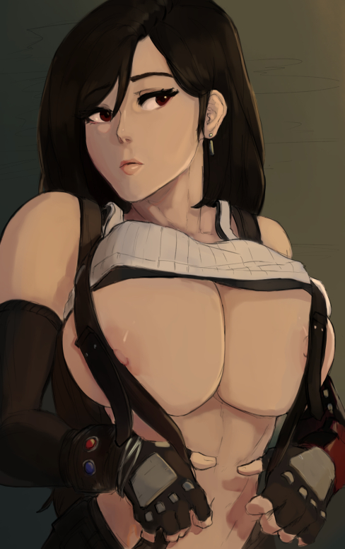 1girls, big breasts, black hair, breasts, earring, female, final fantasy, final fantasy vii, gloves, large breasts, nipple slip, nipples, red eyes, tagme, tifa lockhart, ynonamai