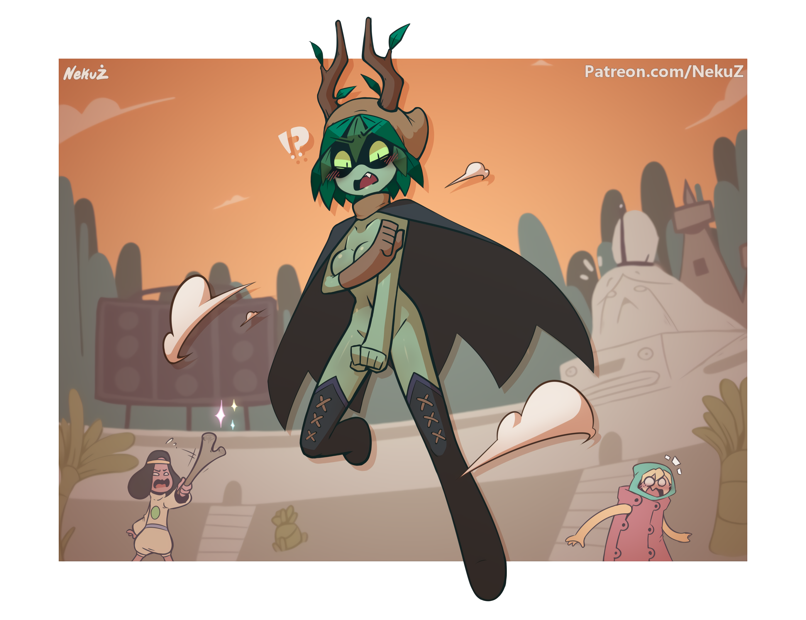 1girls, 2boys, abracadaniel, adventure time, assisted exposure, boots, breasts, cartoon network, covering, disappearing clothes, embarrassed, embarrassed nude female, enf, female, finn the human, high heel boots, high heels, huntress wizard, long legs, male, naked footwear, nekuzx, suddenly naked, thigh highs, thighhigh boots