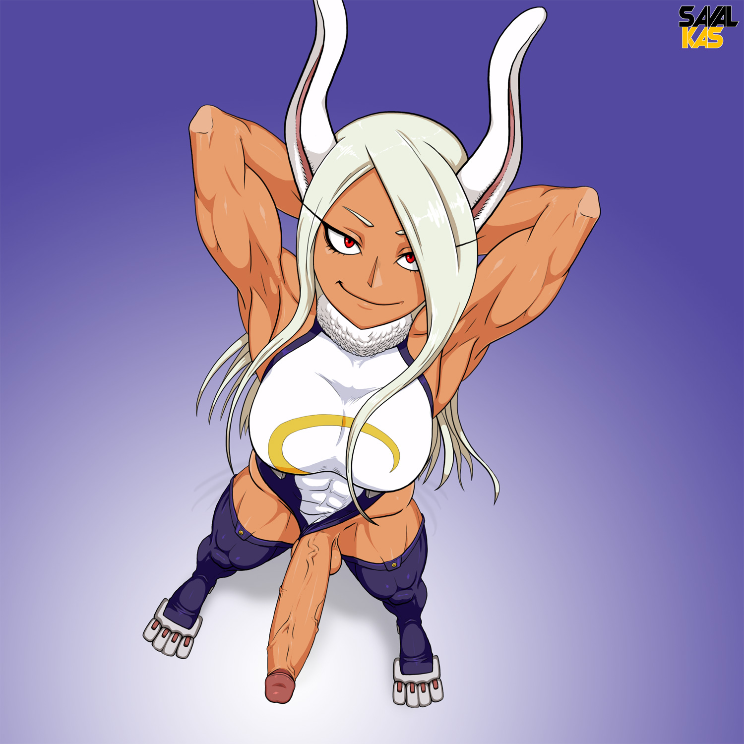 1futa, abs, animal ears, armpit, armpits, arms behind head, balls, biceps, big penis, bird's-eye view, breasts, bunny ears, clothed, clothing, dark skin, dark-skinned futa, erection, futa only, futanari, hero outfit (mha), high-angle view, huge cock, humanoid, humanoid penis, intersex, kemonomimi, leotard, leotard aside, long hair, looking at viewer, looking up, miruko, muscular, muscular futa, muscular thighs, my hero academia, partially clothed, penis, presenting penis, red eyes, rumi usagiyama, savalkas, simple background, smirk, smug, solo, solo futa, standing, thighhighs, thong leotard, white eyebrows, white hair