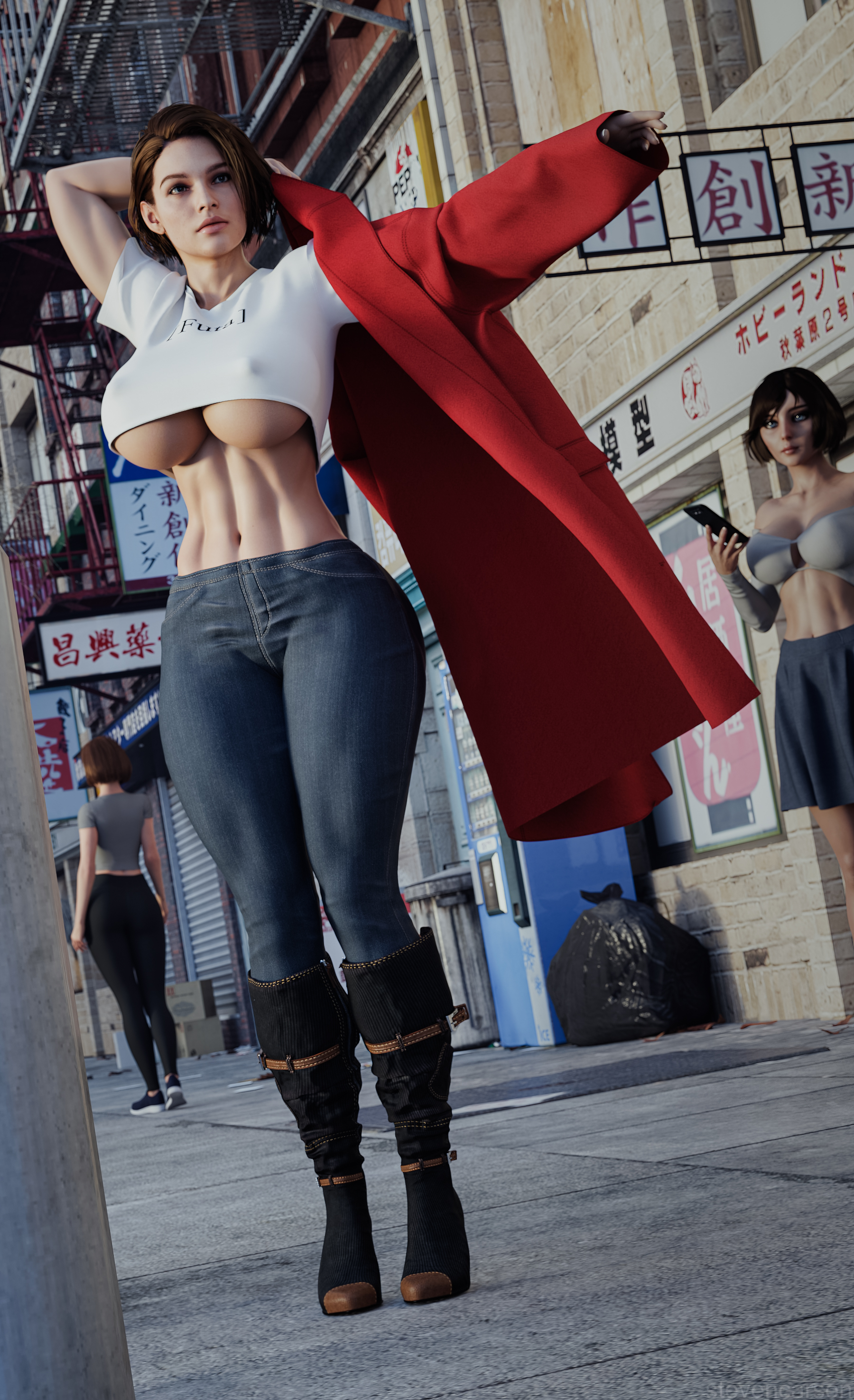 3d, 3girls, absurd res, ass, bioshock, bioshock infinite, breasts, cleavage, cleavage cutout, clothing, crop top, curvy, elizabeth comstock, erect nipples, female, female only, footwear, hi res, holding object, huge breasts, human, jeans, jill valentine, jill valentine (sasha zotova), muscular, muscular female, navel, nipple bulge, nipples, realistic, resident evil, resident evil 3, resident evil 3 remake, skirt, standing, stevencarson