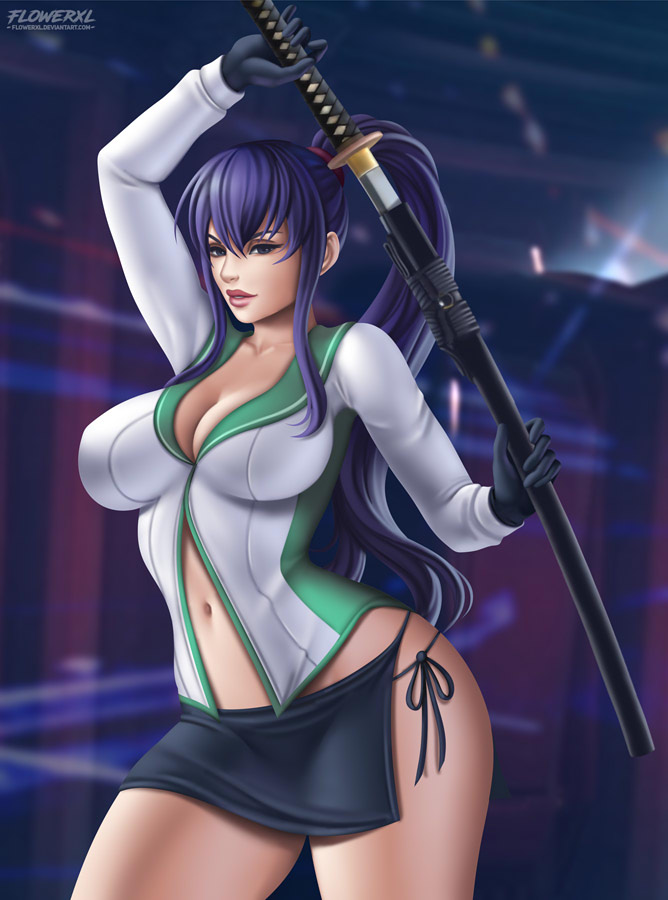 1girls, alternate version available, cleavage, female, female only, flowerxl, highschool of the dead, looking at viewer, saeko busujima, solo