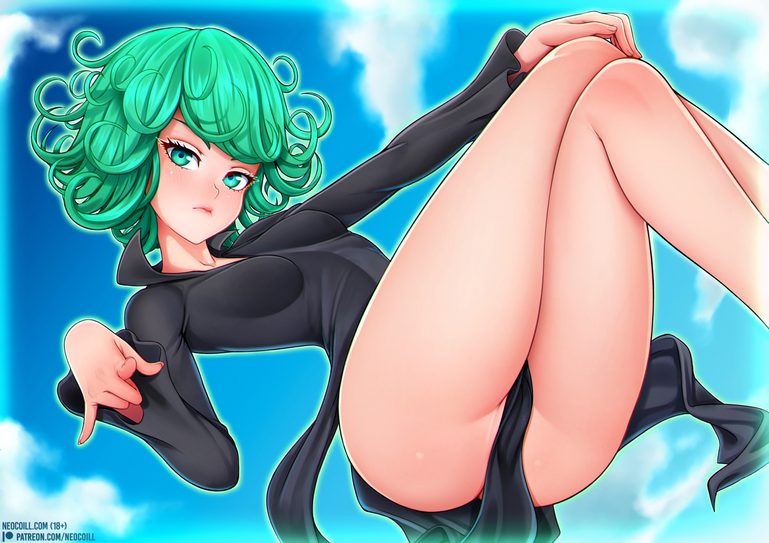 1girls, blush, breasts, dress, female, female only, green eyes, green hair, neocoill, one-punch man, small breasts, solo, tatsumaki