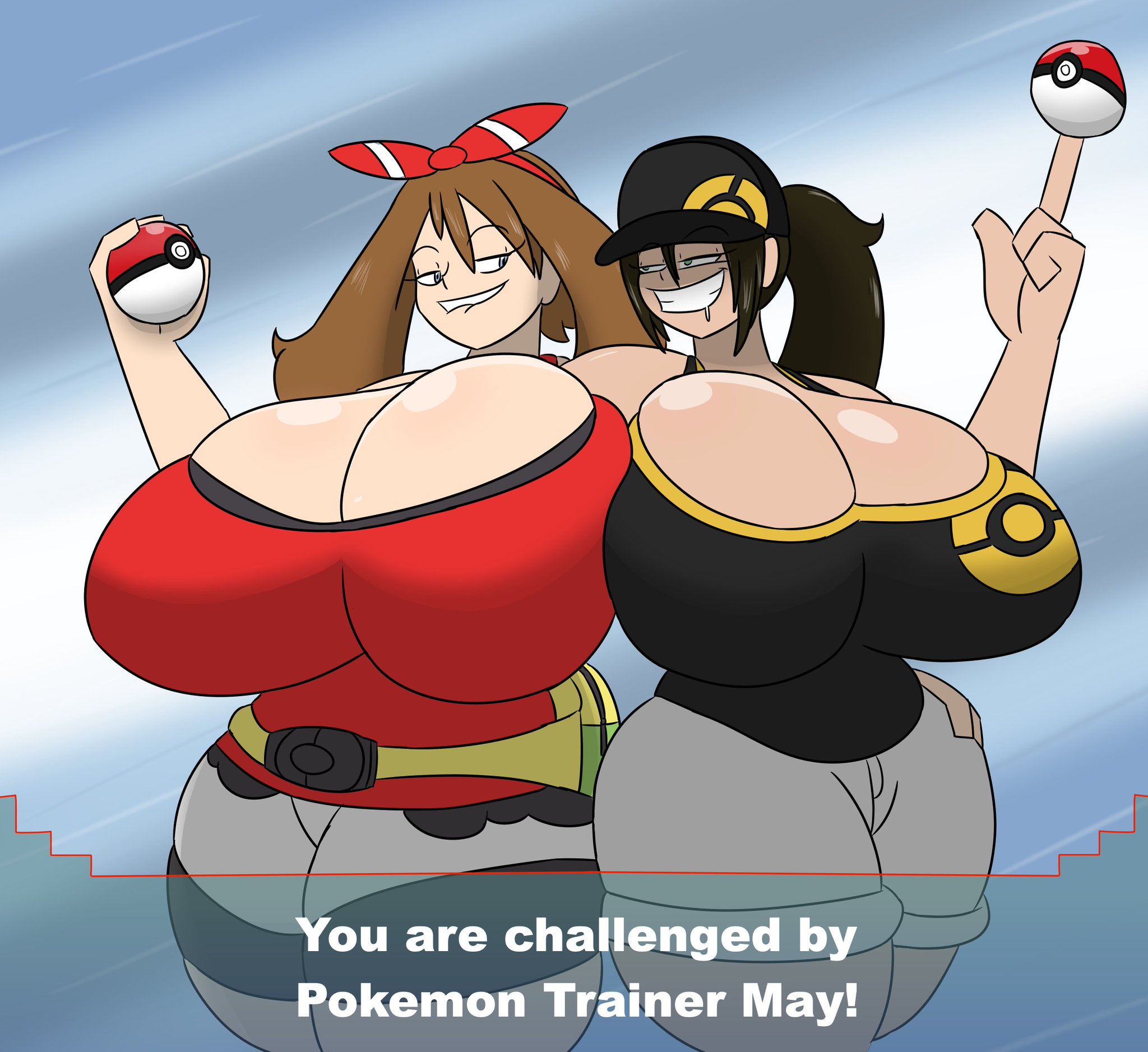 breast size difference, breasts, cleavage, drooling, female, huge breasts, igphhangout, may (pokemon oras), may (pokemon), pokemon, pokemon oras, thick thighs, trainer go (igph)