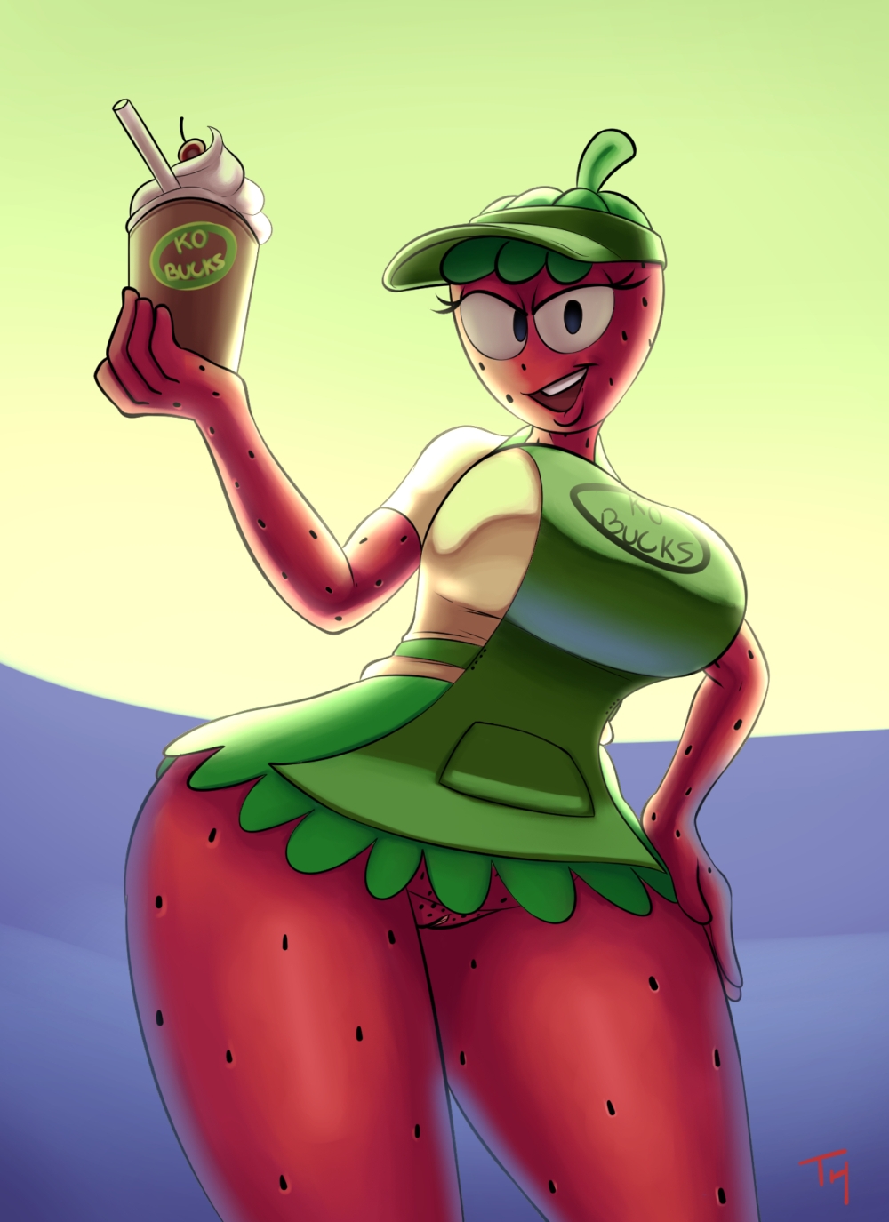 1girls 2019 4_fingers apron artist_signature big_breasts bottomless breasts cap cartoon_network cherry clothing coffee coffee_cup cup curvy curvy_body curvy_female curvy_figure curvy_hips drupe elemental_creature elemental_humanoid exposed_pussy eyelashes flora_fauna food food_creature food_humanoid fruit fruit_humanoid green_apron green_cap green_clothing green_hair hand_on_thigh holding holding_cup holding_object humanoid humanoid_genitalia humanoid_pussy living_food living_fruit looking_at_viewer ok_k.o.!_let's_be_heroes open_mouth partially_clothed partially_clothed_female plant pussy red_body red_skin short_sleeves signature smile straw strawberry strawberry_print thick_thighs thingshappen voluptuous watermark whipped_cream wide_hips yellow_clothing yellow_shirt