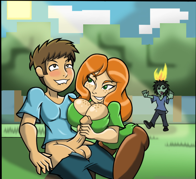 alex_(minecraft) being_watched biting_lip breasts casual clothed clothing freckled_breasts freckled_skin freckles green_eyes handjob human minecraft orange_hair outdoors pale_skin penis red_hair redhead size11shaolins steve_(minecraft) straight zombie_(minecraft)