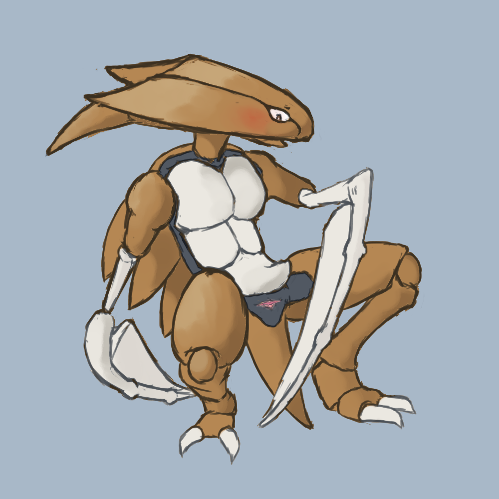 1:1 animal_genitalia blade_arm blush cloaca crouching exoskeleton female feral fossil_pokémon genitals kabutops nintendo obscenecanary pokémon_(species) pokemon presenting simple_background solo spread_legs spreading video_games