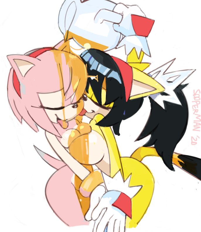 2girls amy_rose anthro big_breasts black_hair breasts dated domestic_cat eating eulipotyphlan eyes_closed feline female female_only food food_play furry gloves hairband hedgehog honey honey_the_cat lesbian licking liquid long_hair pink_fur plain_background signature sonic_(series) sooperman tail tongue tongue_out twintails vase white_background yellow_fur yellow_hair