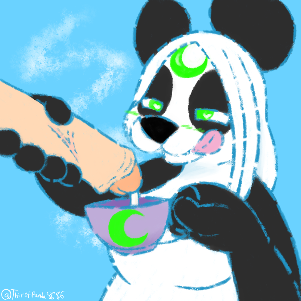 anthro black_body black_fur black_nose blue_background blue_line_art blush blush_lines bodily_fluids container cum cum_in_a_cup cup female foreskin fur fur_markings genital_fluids genitals giant_panda green_eyes hair handjob heart lunarpanda8686 mammal markings mika_(lunarpanda8686) penis round_ears simple_background sleeveless_shirt solo tea_cup tongue tongue_out ursid white_body white_fur white_hair