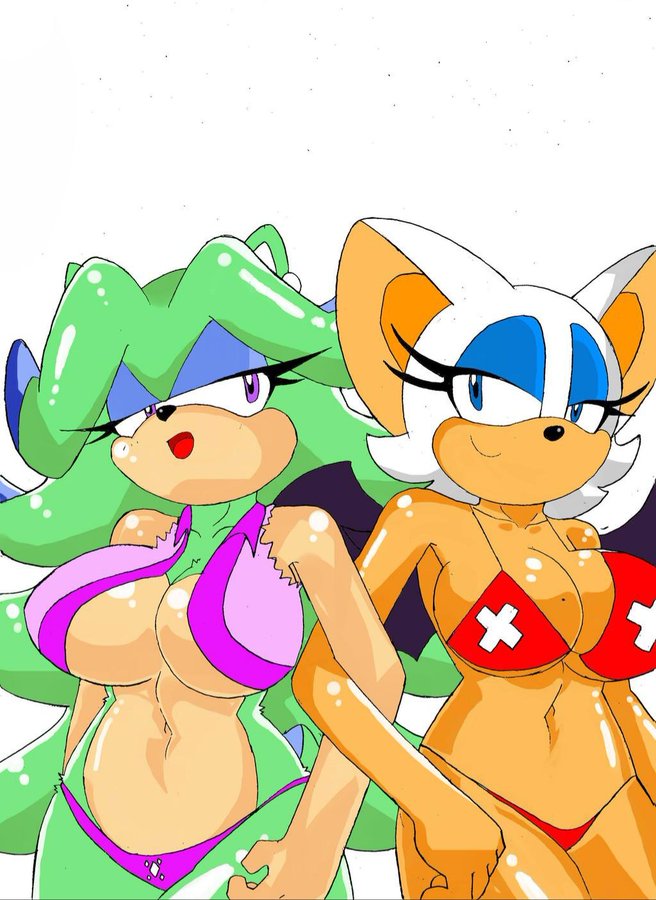 anthro archie_comics big_breasts bikini breasts breezie_the_hedgehog breezie_the_hedgehog_(archie) chiropteran clothed clothing colored duo eulipotyphlan female hair hedgehog lifeguard mammal membrane_(anatomy) membranous_wings monochrome rouge_the_bat simple_background sonic_(series) sonic_the_hedgehog_(archie) sonic_the_hedgehog_(comics) sonic_the_hedgehog_(series) superbunnygt swimwear video_games wings