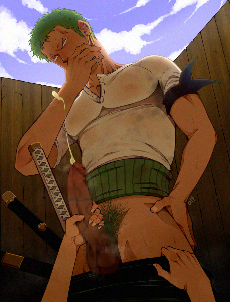 1boy alterinku bara blush censored cum ejaculation erection green_hair hand_on_hip hand_on_own_face handjob jewelry katana male_focus male_only male_pubic_hair mosaic_censoring muscle nami one_piece pectorals penis projectile_cum pubic_hair roronoa_zoro see-through short_hair single_earring solo_focus steam sword testicles thighs veins veiny_penis weapon wet wet_clothes