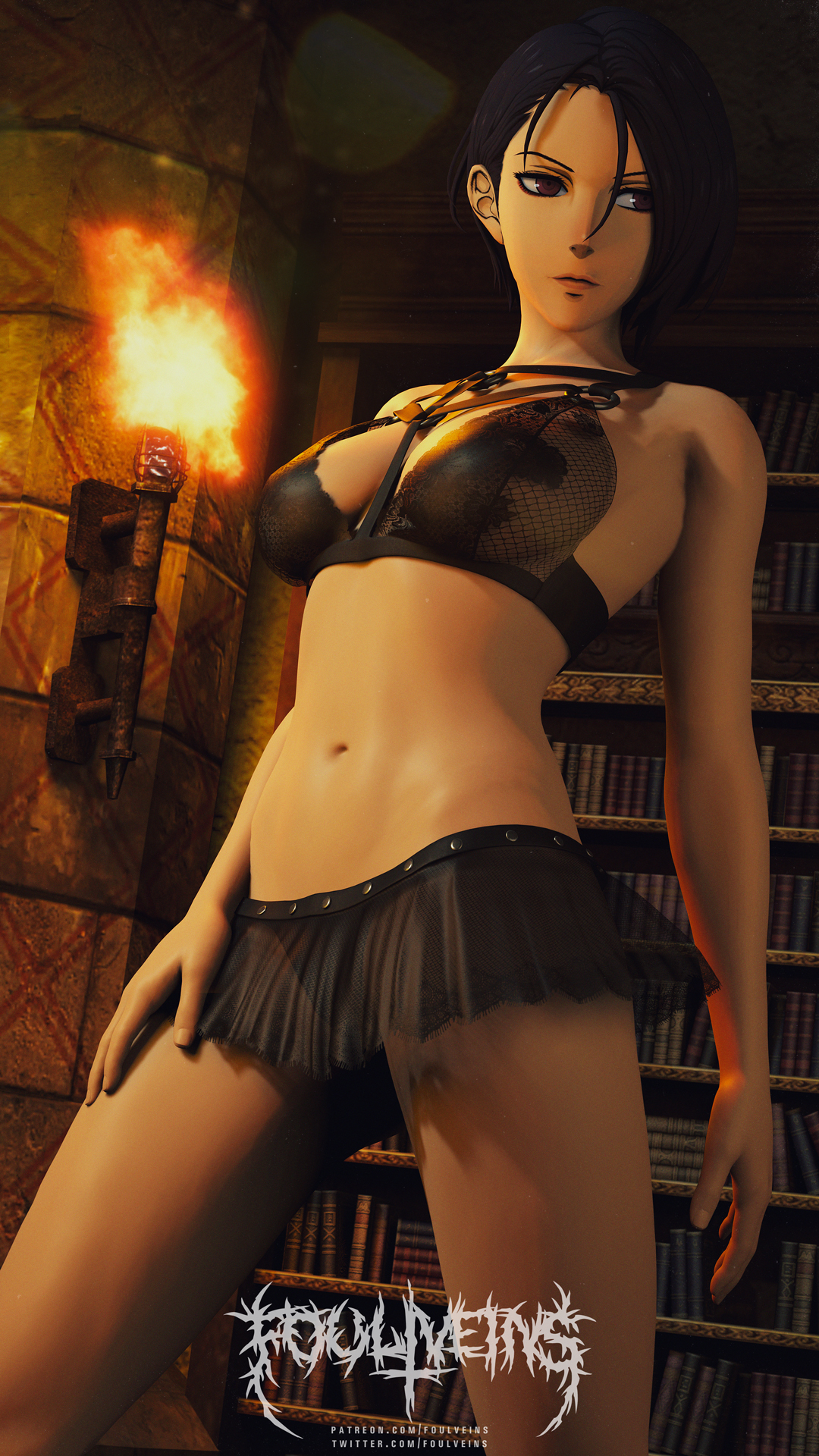 1girls, 3d, bare legs, bare midriff, big breasts, blue hair, breasts, female, fire emblem, fire emblem: three houses, foulveins, lingerie, looking to the side, midriff, nintendo, purple eyes, see-through, shamir nevrand, short hair, solo, solo female, underwear