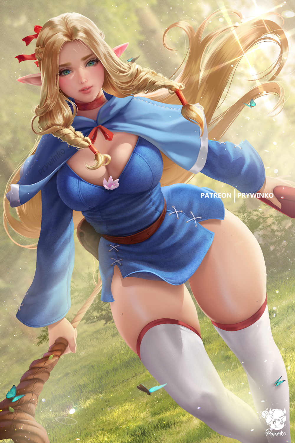 1girls, absurd res, absurdres, big breasts, blonde hair, blue eyes, blush, braid, braided hair, breasts, busty, cleavage, commentary request, curly hair, curvaceous, curves, curvy, curvy body, curvy female, curvy figure, curvy hips, dungeon meshi, elf, female, female only, green eyes, hair ribbon, hi res, highres, large breasts, legs, legwear, long hair, looking at viewer, marcille donato, multicolored eyes, pointy ears, prywinko, shiny, shiny hair, shiny skin, solo, thick, thick legs, thick thighs, thigh gap, thigh highs, thighhighs, thighs, tight clothes, tight clothing, white legwear, wide hips