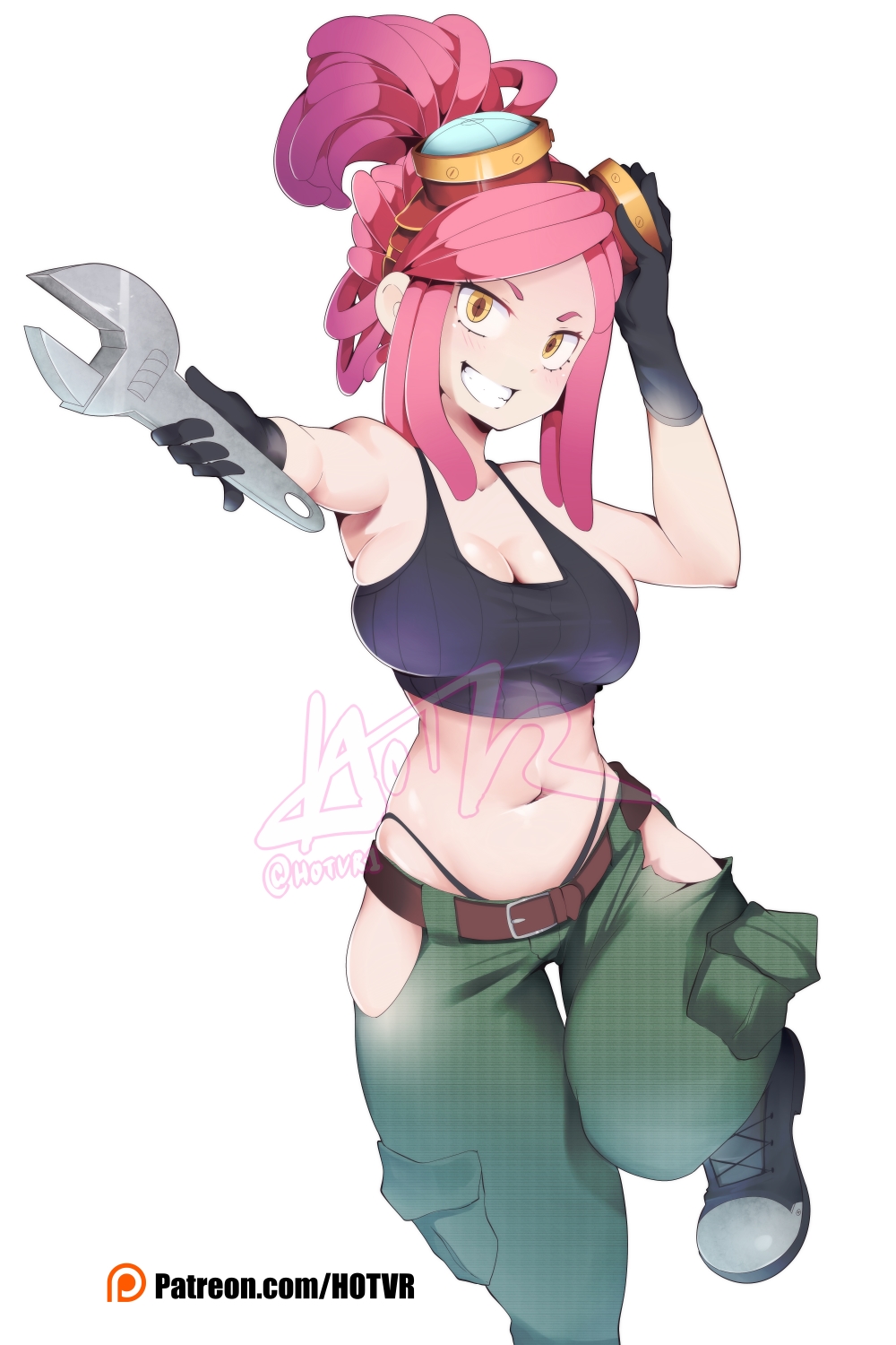 1girls belt black_panties cargo_pants cleavage dreadlocks female female_only gloves goggles goggles_on_head grin happy high_resolution highleg_panties holding_wrench hotvr mechanic mei_hatsume midriff my_hero_academia patreon_username pink_eyebrows pink_hair smile solo symbol-shaped_pupils tank_top url watermark white_background wide_hips wrench yellow_eyes