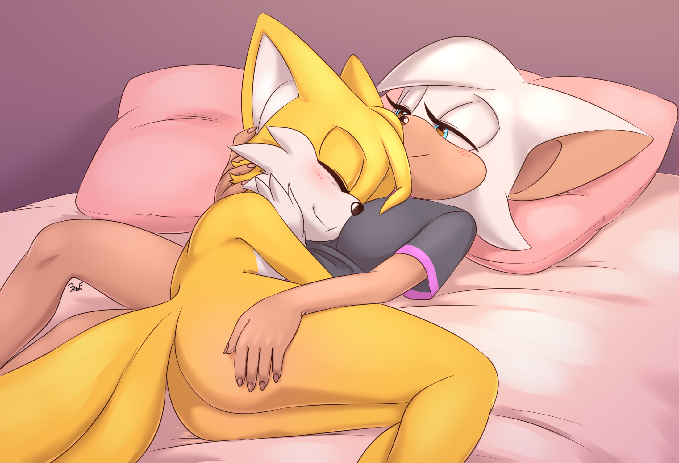 1boy, 1girls, aged up, anthro, ass, bat, bed, breasts, canid, canine, chiropteran, clothed, clothed female, clothed female nude male, clothing, cuddling, cute, duo, female, fox, furniture, hand on ass, hand on butt, hand on head, head on chest, hi res, krazyelf, legs together, male, mammal, medium breasts, mobian (species), nude, nude male, pillow, rouge the bat, sega, sonic (series), sonic the hedgehog (series), straight, tail, tails, tails the fox, video games, wholesome, young