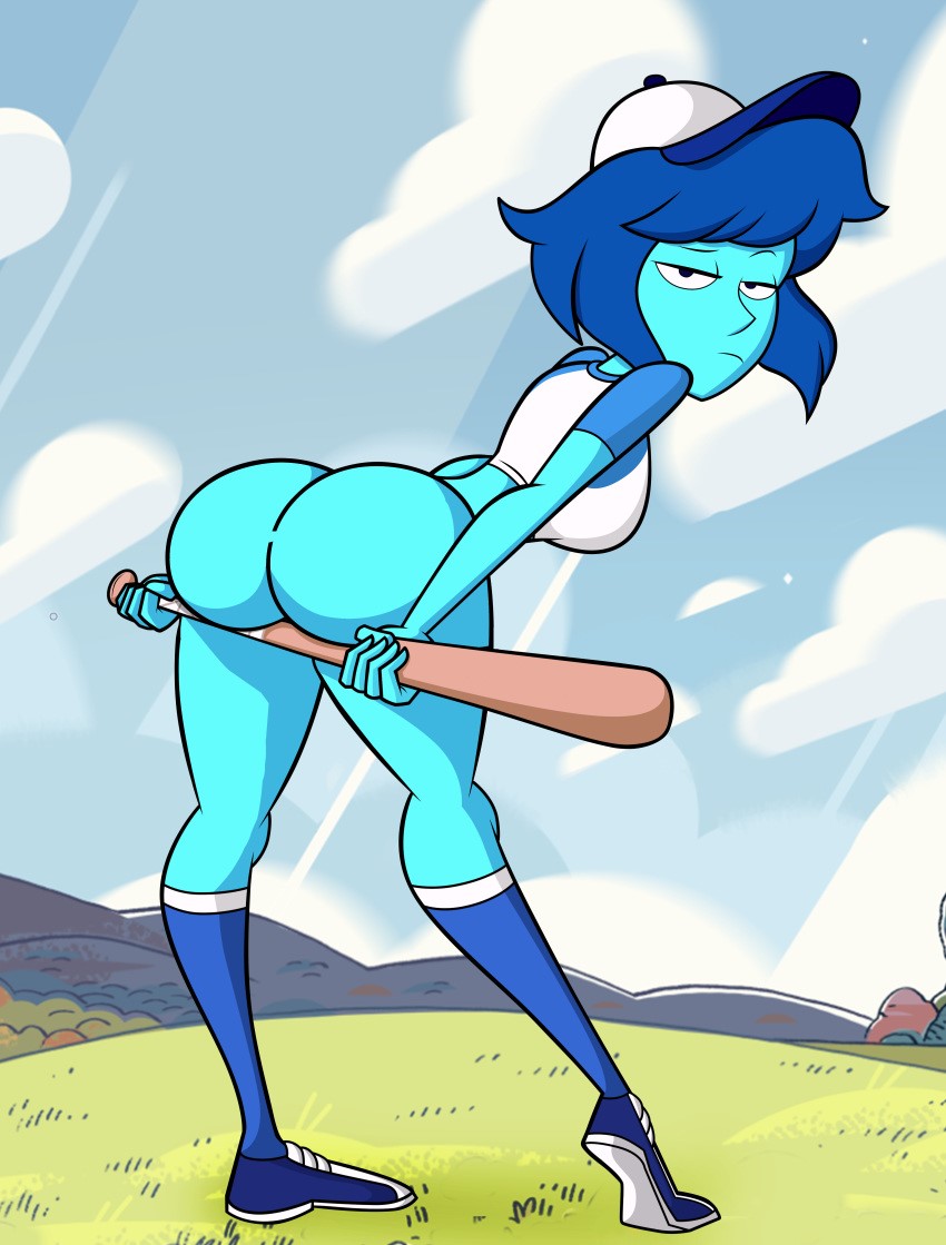 1girls ass baseball_bat baseball_cap bent_over big_ass blue_hair blue_skin bottomless breasts cartoon_network female gem_(species) grimphantom lapis_lazuli_(bob) lapis_lazuli_(steven_universe) looking_at_viewer looking_back outside pinup raised_eyebrow shoes sideboob socks steven_universe thighhighs