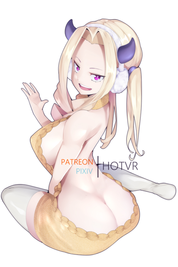 1girls, ass, blonde hair, blonde-haired female, female, horns, hotvr, long hair, mount lady, my hero academia, sitting, solo, sweater, thighhighs, virgin killer sweater, yuu takeyama