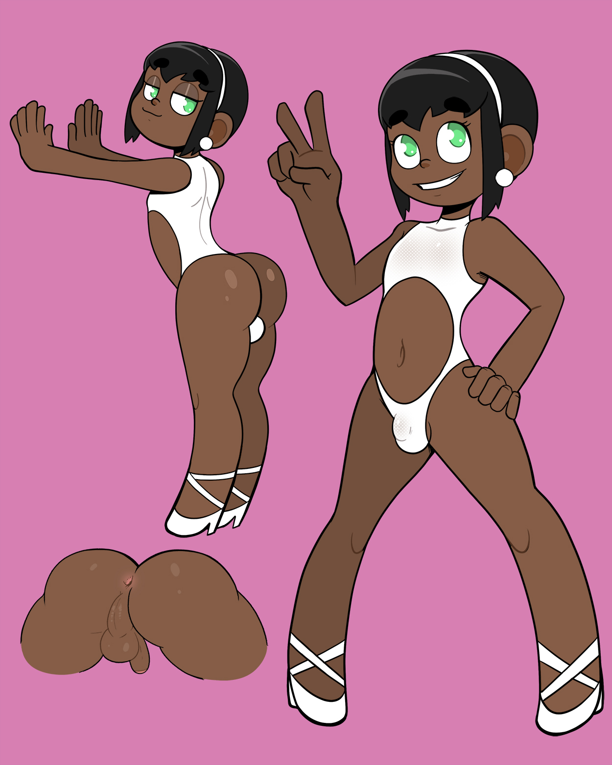 1boy, 2020, anus, ass, backsack, balls, ballsack, black hair, bob cut, bulge, dark skin, dark-skinned femboy, dark-skinned male, earrings, femboy, green eyes, grin, hair strand, hairband, high heels, leotard, male, male only, midriff, midriff cutout, navel, one-piece swimsuit, penis, pose, regret everything, small penis, smile, swimsuit, testicles, v