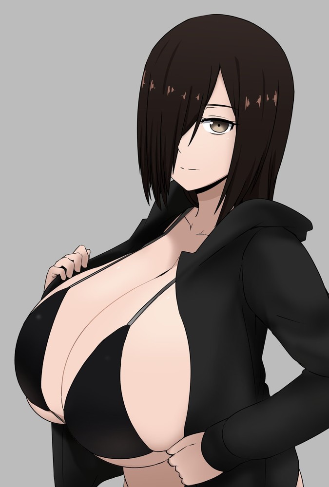 bikini top, breasts, brown eyes, brown hair, cleavage, curvy, female, hair over one eye, huge breasts, looking at viewer, nao (ritsancrossover), pai-chan (nao), short hair, smiling, thick thighs