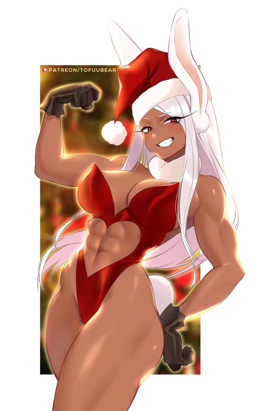 1girls, abs, breasts, christmas, christmas clothing, christmas outfit, cleavage, dark skin, dark-skinned female, female, female only, miruko, muscles, muscular, muscular female, my hero academia, rabbit humanoid, rumi usagiyama, solo, tofuubear