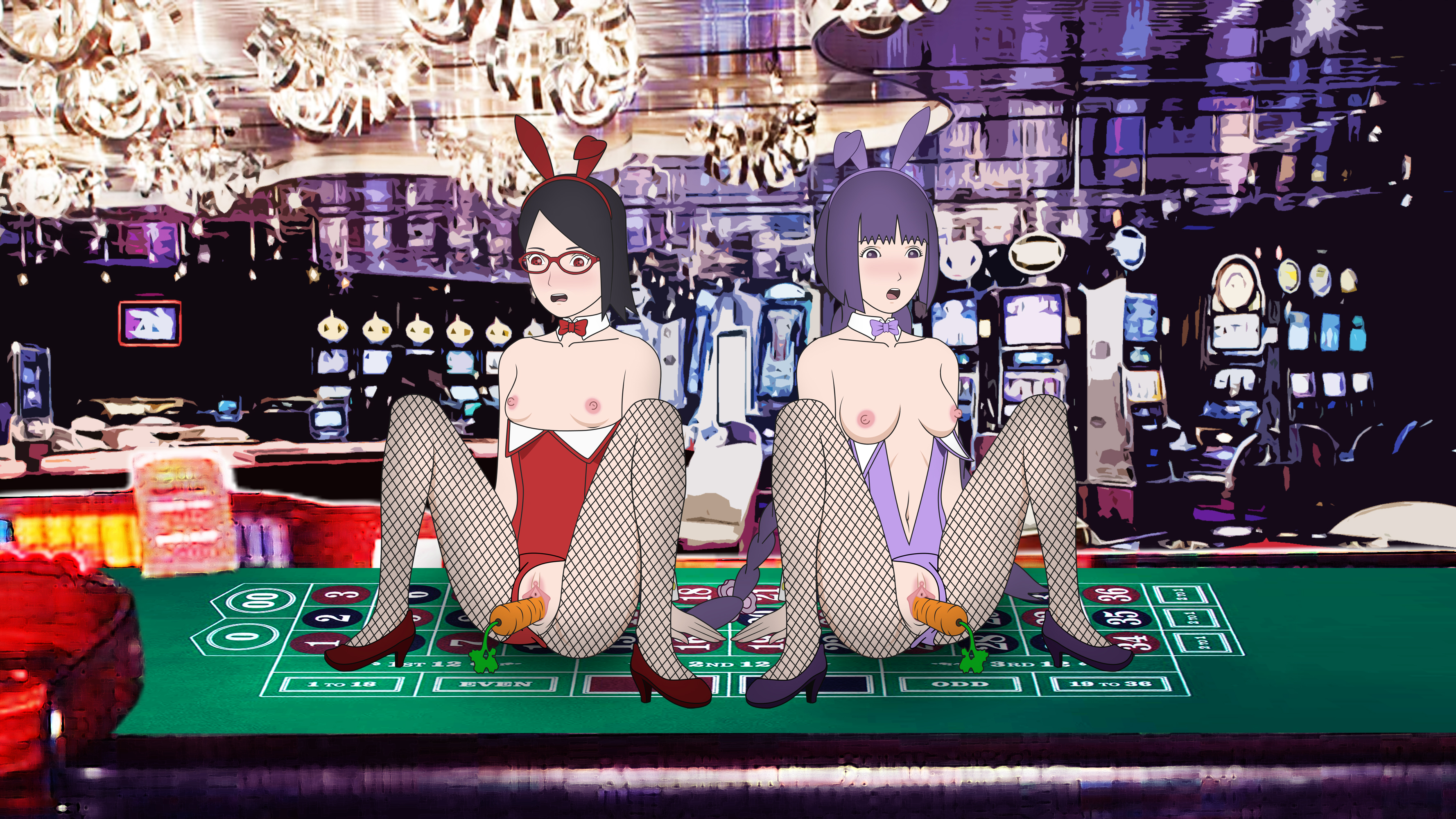 2girls, areolae, bare shoulders, black hair, blush, boruto: naruto next generations, braid, braided twintails, breast size difference, breasts, bunny ears, bunny girl, bunnysuit, carrot, casino, detached collar, detailed background, dildo, erect nipples, exposed breasts, exposed pussy, fake animal ears, female, female only, fishnet pantyhose, fishnets, footwear, hairband, heels, kakei sumire, leotard, leotard aside, leotard pull, long hair, matching hair/eyes, medium breasts, multiple females, multiple girls, naruto, naruto (series), nipples, on table, open mouth, purple eyes, purple hair, pussy, red eyes, sarada uchiha, sharingan, sitting, small breasts, table, tied hair, vagina, vaginal insertion, vegetable, very long hair