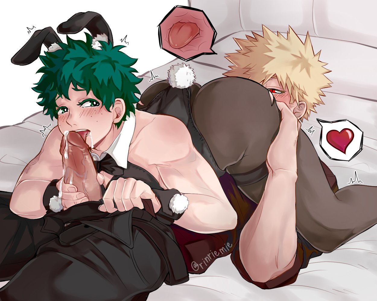 2boys, 69, 69 position, ass, ass on face, ass up, big penis, blonde hair, blush, bunny costume, bunny ears, bunny tail, eating ass, fellatio, gay, green eyes, green hair, heart, izuku midoriya, katsuki bakugou, leotard, licking penis, male, male/male, my hero academia, on bed, pantyhose, penis, precum, precum drip, red eyes, rimming, rinriemie, thighs, tongue, x-ray, yaoi