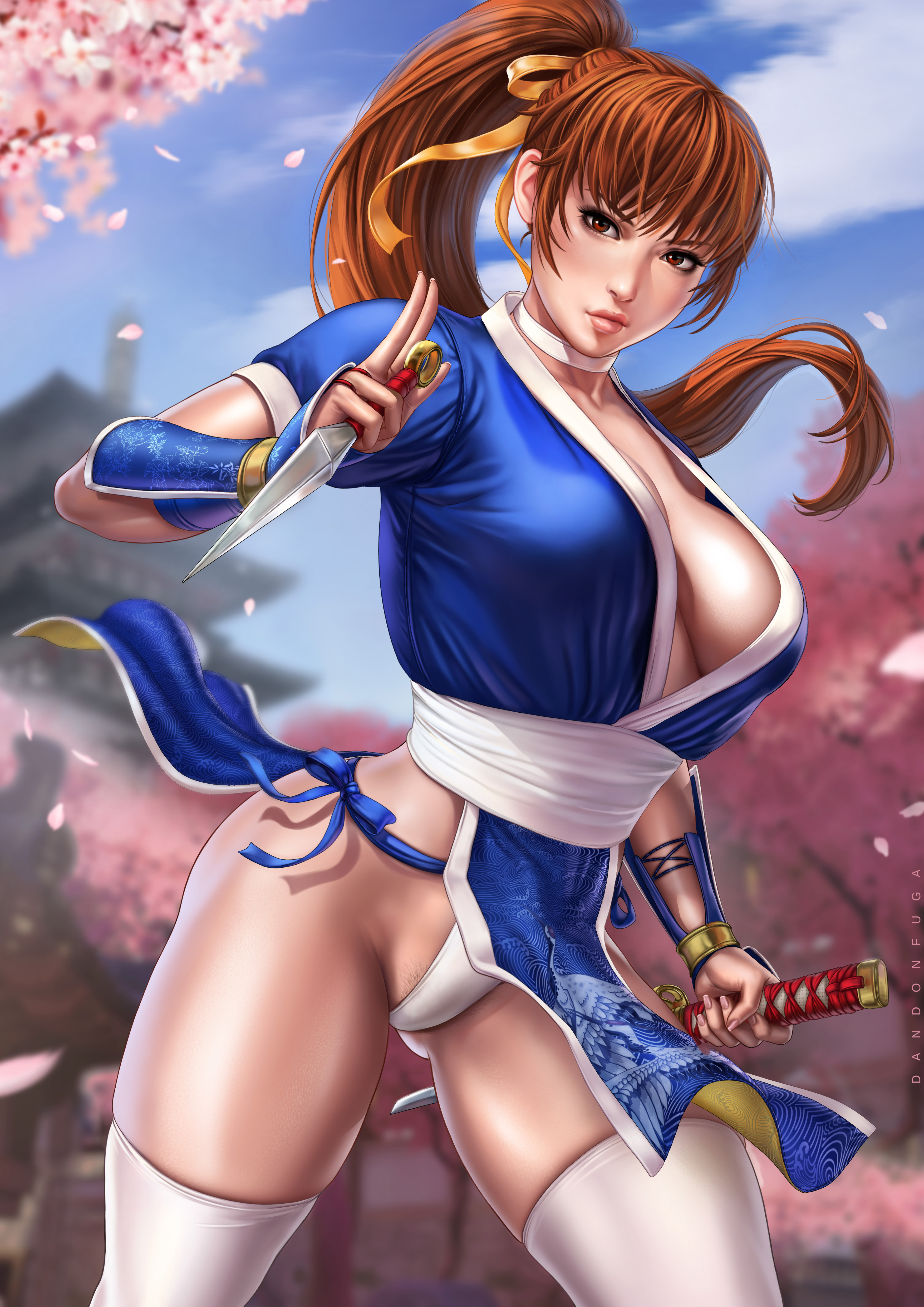 bangs, big breasts, breasts, cherry blossoms, child bearing hips, cleavage, clothed, clothing, dandon fuga, dead or alive, female, ginger, ginger hair, kasumi (doa), large breasts, looking at viewer, ninja, ponytail, pubic hair, pubic hair peek, red eyes, stockings, underwear, weapon