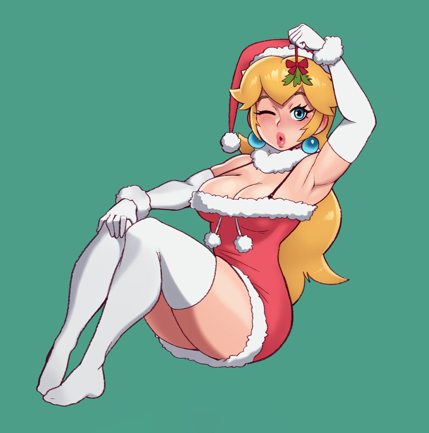1girls, alternate costume, arm up, armpits, bad id, bad twitter id, blonde hair, blue eyes, breasts, christmas, cleavage, clothed, clothing, dress, earrings, elbow gloves, female, female only, full body, gloves, green background, hat, human, human only, legwear, long hair, mario (series), mistletoe, nintendo, one eye closed, princess peach, red dress, rizdraws, santa hat, short dress, simple background, sitting, solo, thick lips, thighhighs, thighs, white gloves, white legwear, wink, year request, zettai ryouiki