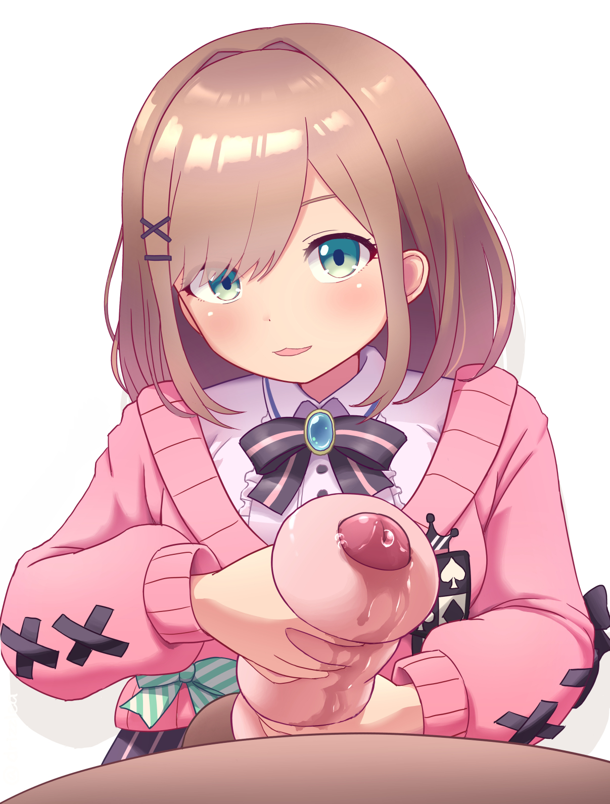 1boy, 1girls, artificial vagina, blue eyes, blush, brown hair, dark skin, dark-skinned male, drizzlea, female, handjob, handjob w/sex toy, light skin, light-skinned female, looking at viewer, male, nijisanji, penis, pov, pov eye contact, sex toy, straight, suzuhara lulu, virtual youtuber
