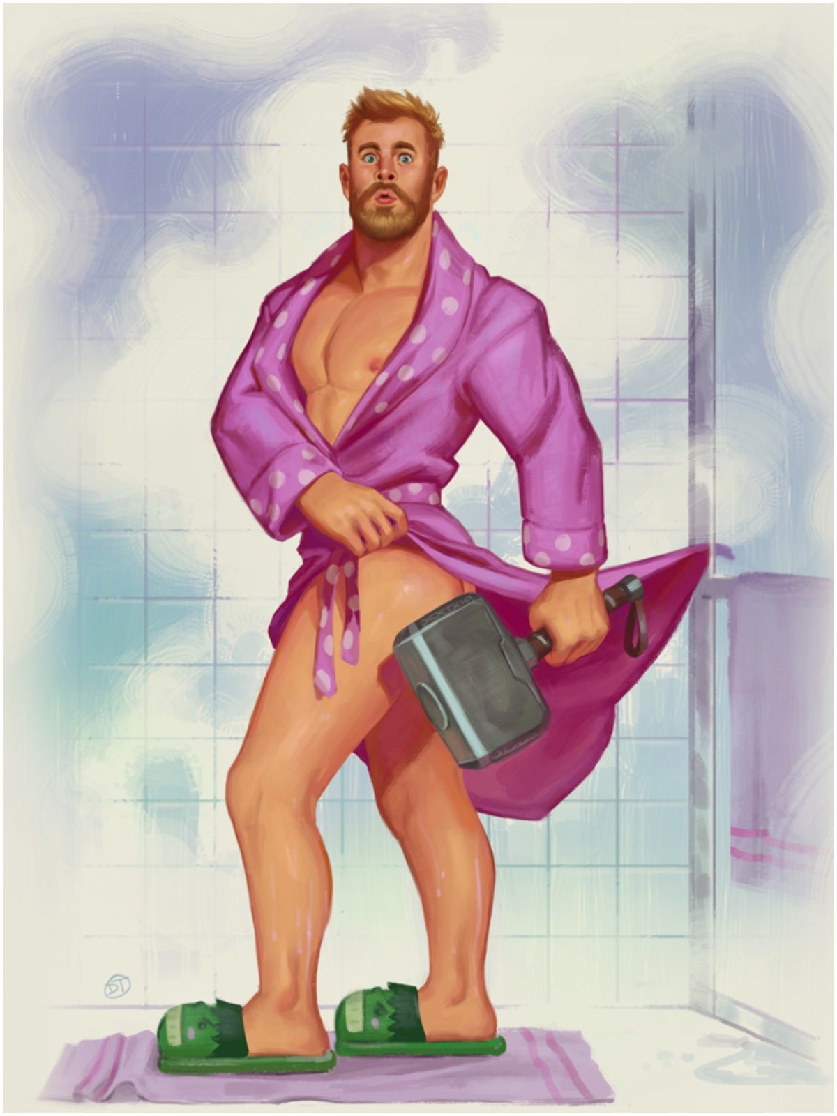 1boy actor ass bathmat bathrobe beard blonde_hair blue_eyes caught_in_door celebrity chris_hemsworth david_talaski exposed_ass exposed_nipples hammer hulk_slippers human human_only light-skinned_male light_skin male male_only marvel marvel_cinematic_universe mjolnir muscular muscular_male pecs pink_bathrobe pink_robe pinup pinup_pose shower slippers solo solo_male thick_thighs thor_(marvel) thor_(series) towel weapon