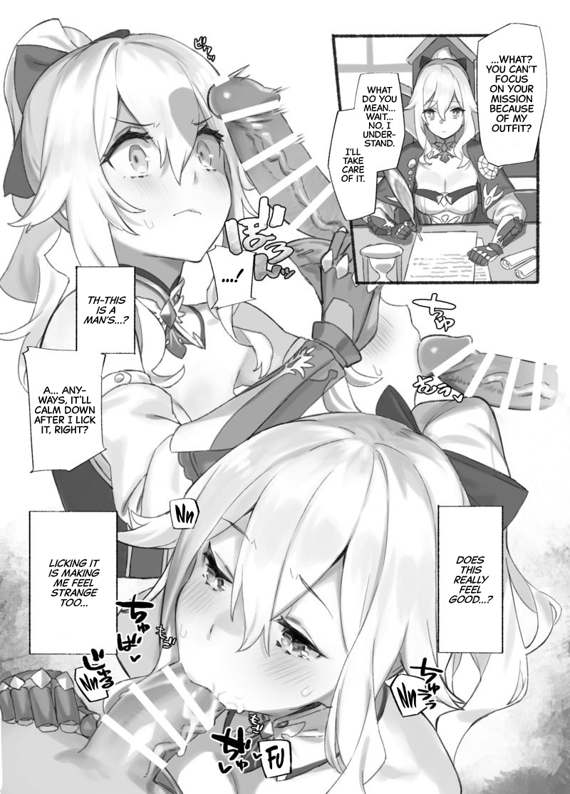 :>=, artist request, big penis, blush, breasts, censored, cleavage, dark skin, dark-skinned male, english text, erection, fellatio, female, genshin impact, jean gunnhildr, large penis, male, oral, penis, penis awe, penis on face, ponytail, straight, text, veiny penis