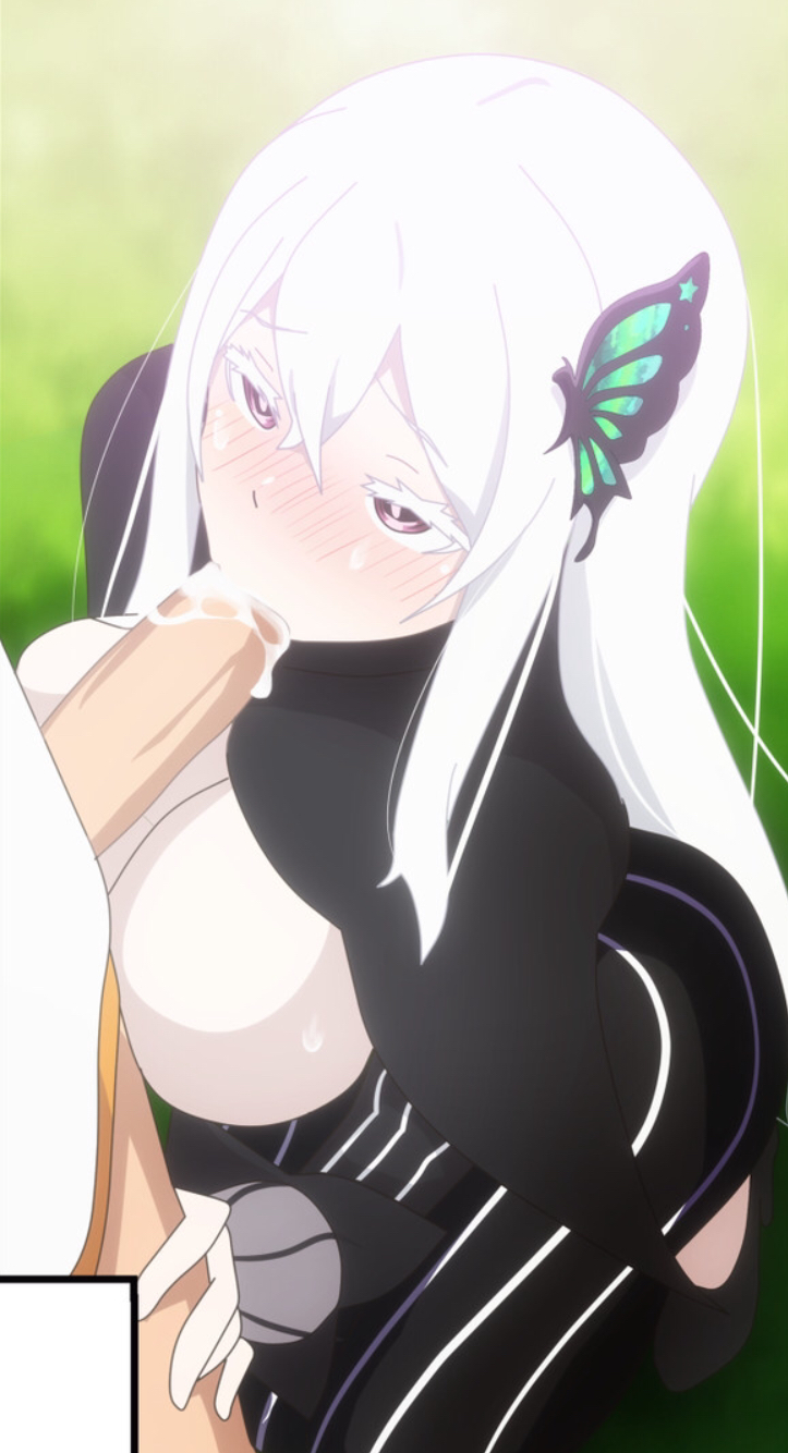 1girls, blowjob, blush, butterfly, butterfly hair ornament, cum, cum in mouth, cum inside, echidna (re:zero), fellatio, female, gear art, grass, hair, hair ornament, hand on thigh, light skin, light-skinned female, natsuki subaru, pale, pale skin, pale-skinned female, post-orgasm, re:zero kara hajimeru isekai seikatsu, white hair, witch