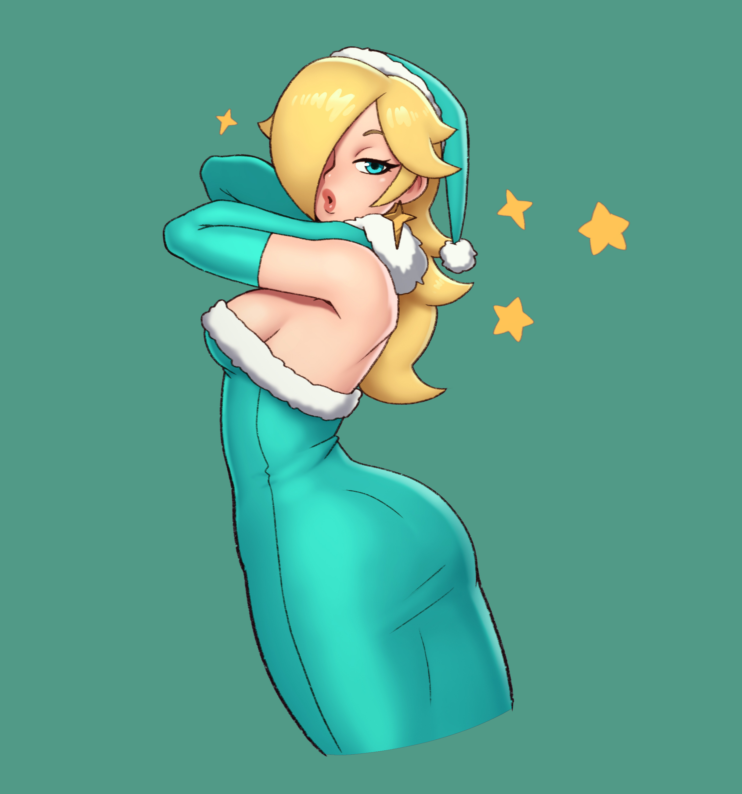 1girls, arms up, ass, ass focus, bad id, bad twitter id, big ass, big butt, bimbo, blonde, blonde hair, blue dress, blue eyes, blue gloves, bottom heavy, breasts, christmas, cleavage, clothing, dress, elbow gloves, female, female focus, female only, fully clothed, gloves, green background, hair over one eye, large ass, long hair, looking at viewer, looking to the side, mario (series), nintendo, princess rosalina, rizdraws, sideboob, simple background, solo, standing, star, super mario galaxy, tight clothing, year request