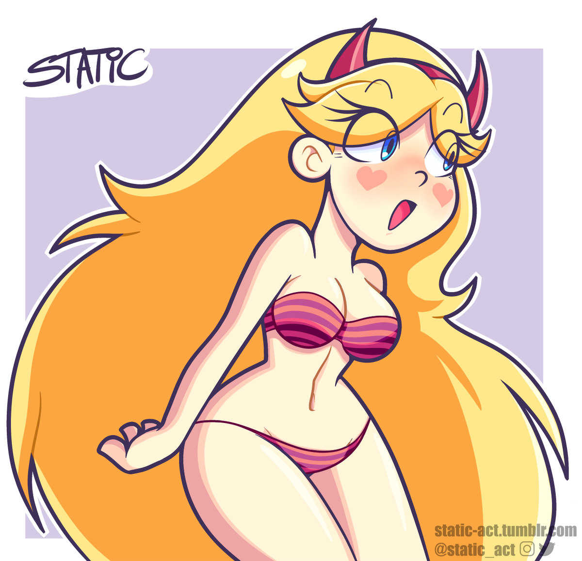 1girls, bare arms, bare thighs, bikini, blonde hair, blue eyes, blush, breasts, curvy, devil horns, disney, disney channel, eyelashes, female, long hair, navel, open mouth, star butterfly, star vs the forces of evil, static act, straight hair, striped bikini, swimsuit, thighs, thin waist, wide hips