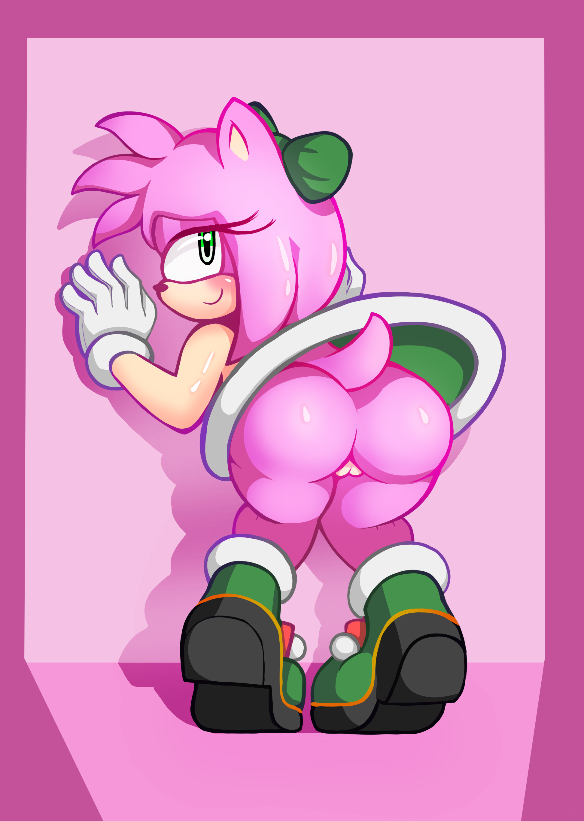 1girls, against wall, amy rose, anthro, ass, boots, female, jingle belle amy, jwecchi (artist), presenting, presenting pussy, pussy, sonic (series), thighs, upskirt