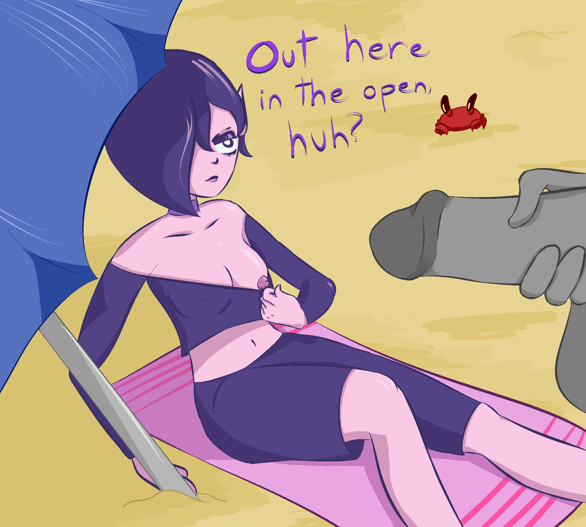 beach breasts chinigan choker cleavage clothed collarbone crab crustacean elf exhibitionism flashing hair_over_one_eye lipstick masturbation midriff nipple original_character penis penis_out pink_skin purple_eyes purple_hair sand shirt_pull shorts text towel umbrella