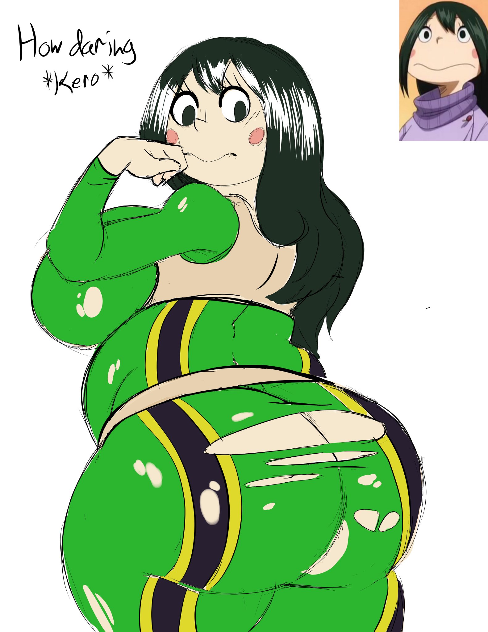 1girls, ass, ass cleavage, ass crack, beru asui, big ass, black hair, blush, breasts, butt crack, chubby, chubby female, clothes ripping, english text, female, hand to own mouth, hero outfit (mha), huge ass, isolatedartest, large breasts, looking back, looking down, milf, minor character, my hero academia, overweight, overweight female, ripped clothing, sideboob, simple background, skin tight, thick thighs, white background