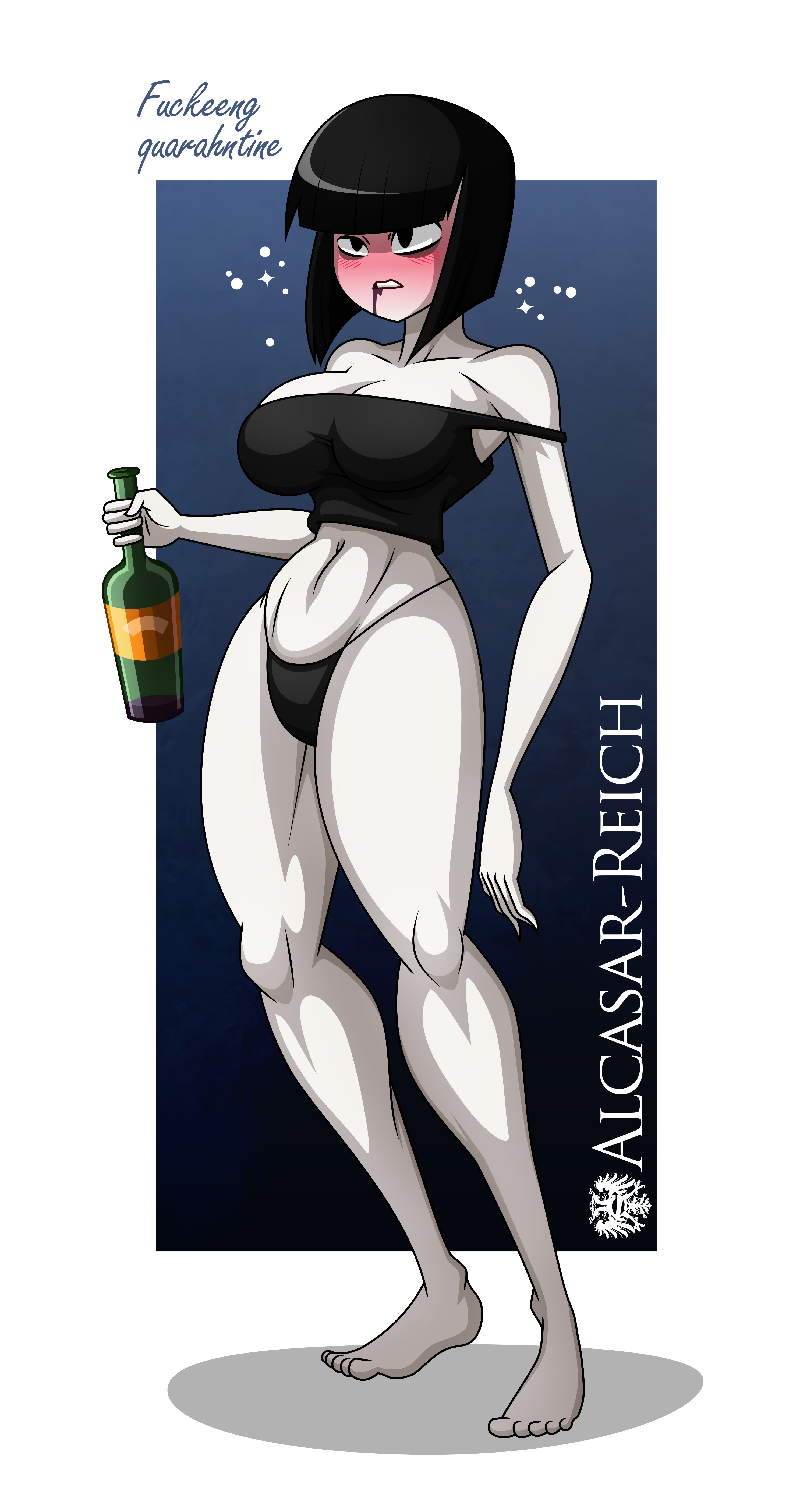 1girls, alcasar-reich, bare legs, bare midriff, big breasts, black hair, blush, blushing, breasts, busty, cleavage, creepy susie, crop top, drunk, female, female focus, female only, full body, g-string, goth, hourglass figure, light skin, light-skinned female, navel, pale skin, pale-skinned female, pinup, pinup pose, pose, posing, solo, speech bubble, standing, tank top, text, the oblongs, wide hips